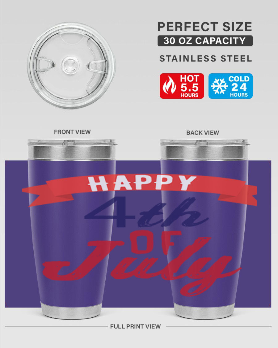 Happy 4th of July tumbler featuring a vibrant design, made from stainless steel with a double wall vacuum for insulation.