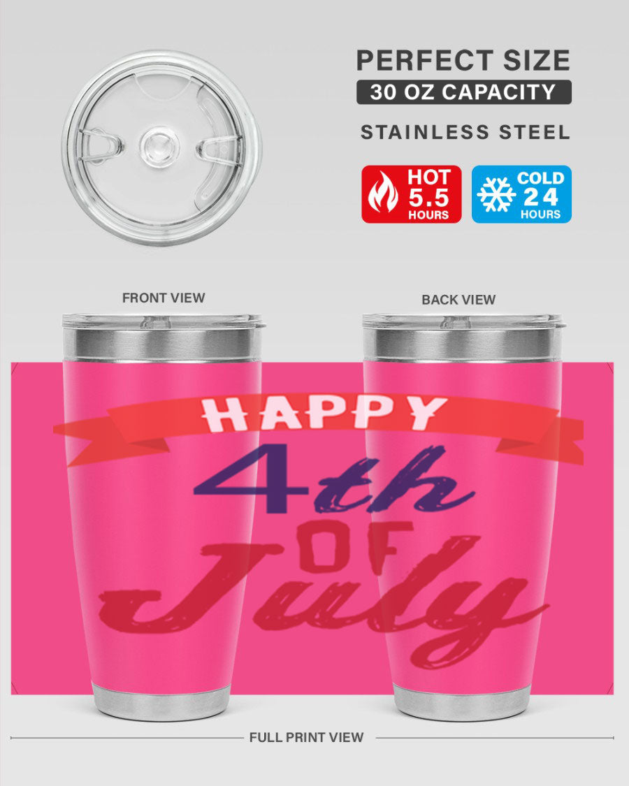 Happy 4th of July tumbler featuring a vibrant design, made from stainless steel with a double wall vacuum for insulation.