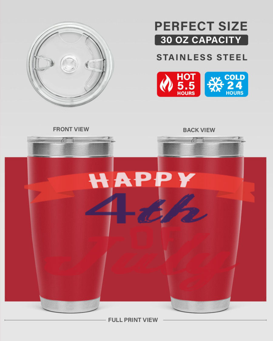 Happy 4th of July tumbler featuring a vibrant design, made from stainless steel with a double wall vacuum for insulation.