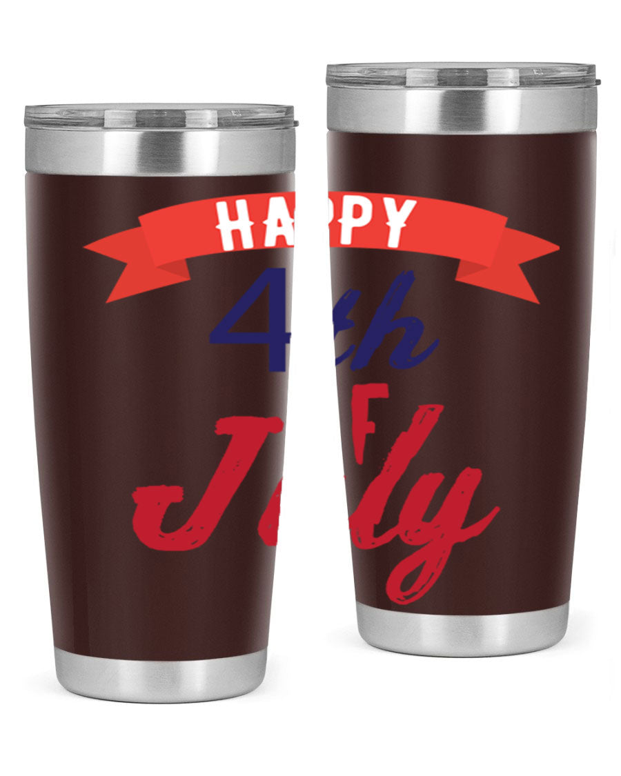 Happy 4th of July tumbler featuring a vibrant design, made from stainless steel with a double wall vacuum for insulation.