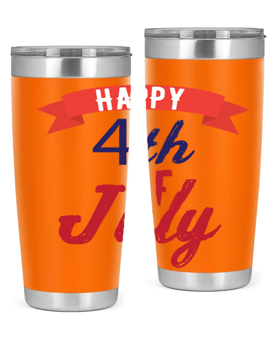 Happy 4th of July tumbler featuring a vibrant design, made from stainless steel with a double wall vacuum for insulation.
