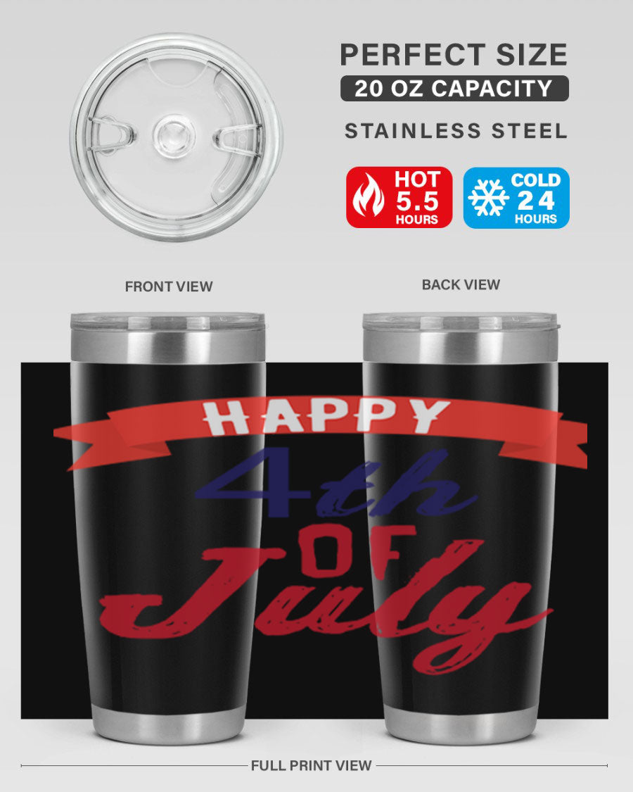 Happy 4th of July tumbler featuring a vibrant design, made from stainless steel with a double wall vacuum for insulation.