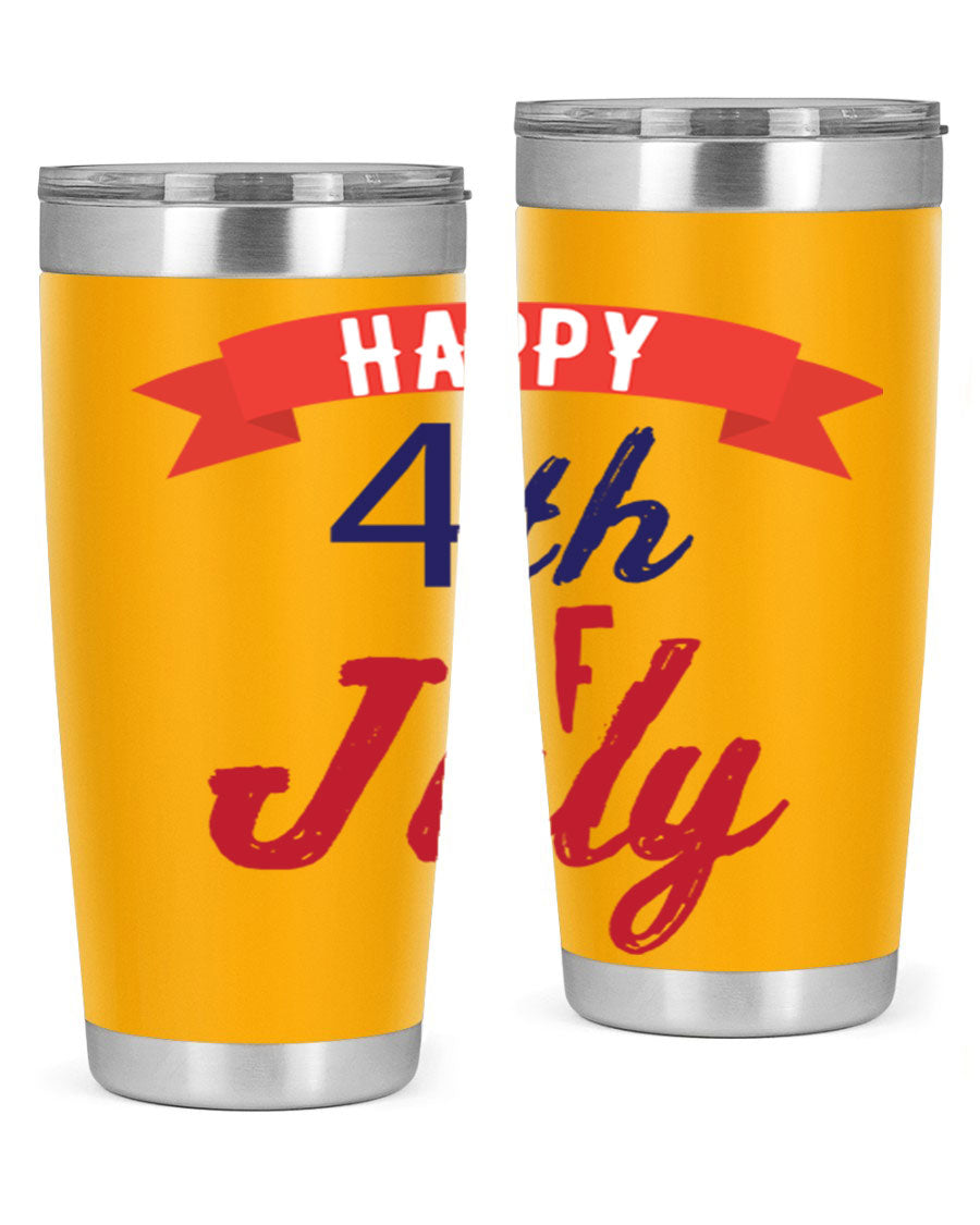 Happy 4th of July tumbler featuring a vibrant design, made from stainless steel with a double wall vacuum for insulation.
