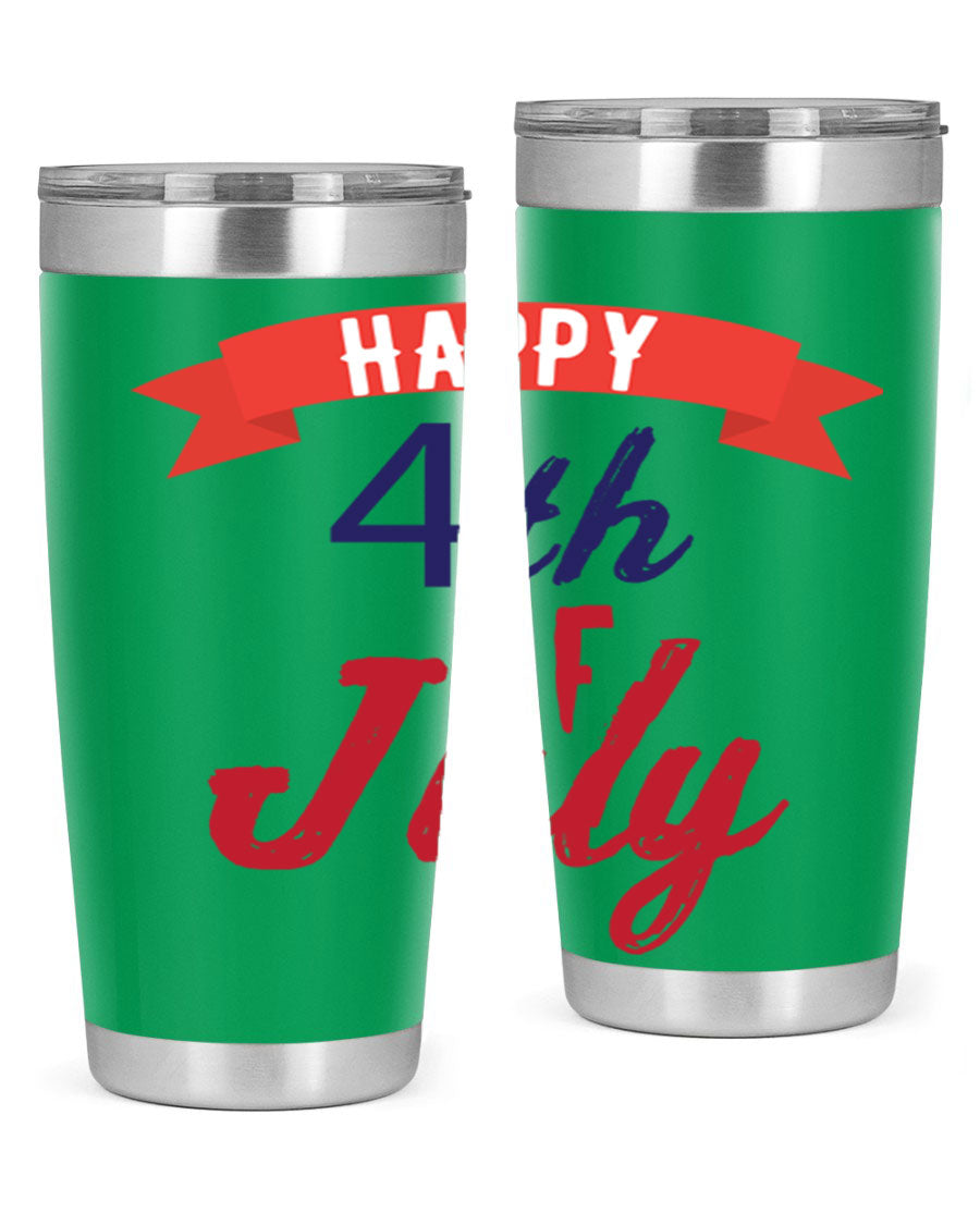 Happy 4th of July tumbler featuring a vibrant design, made from stainless steel with a double wall vacuum for insulation.