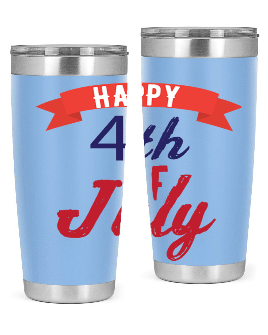 Happy 4th of July tumbler featuring a vibrant design, made from stainless steel with a double wall vacuum for insulation.