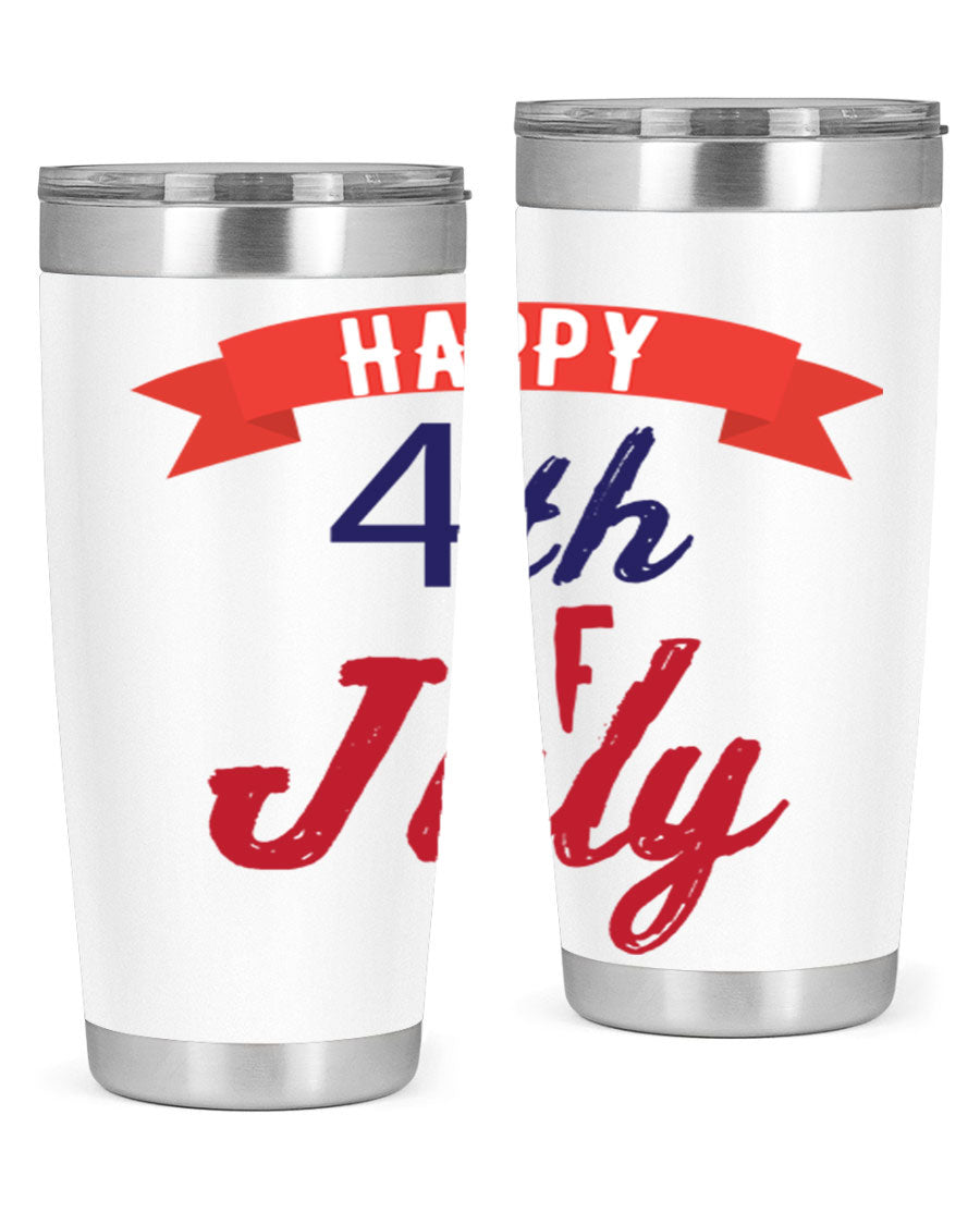 Happy 4th of July tumbler featuring a vibrant design, made from stainless steel with a double wall vacuum for insulation.