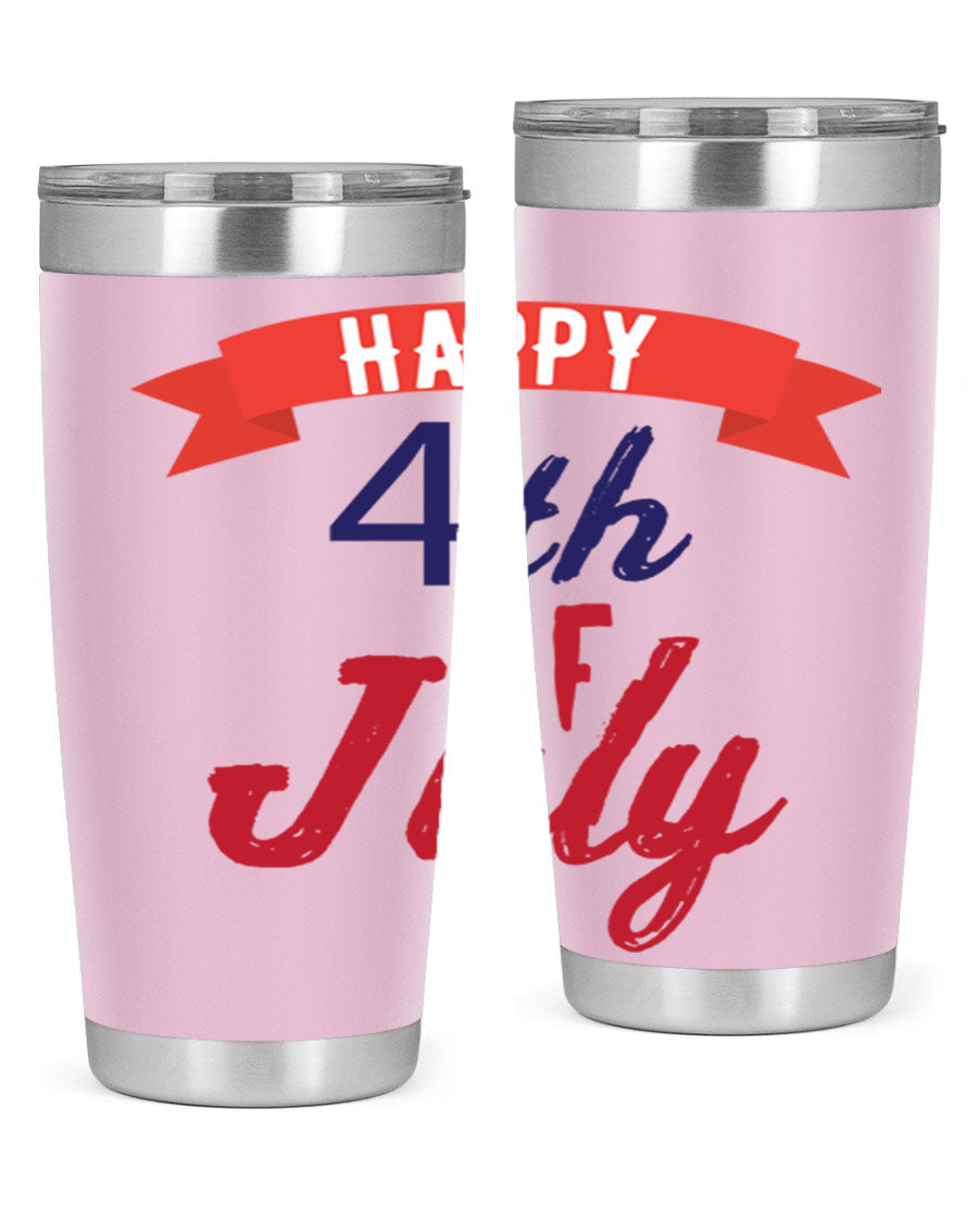 Happy 4th of July tumbler featuring a vibrant design, made from stainless steel with a double wall vacuum for insulation.