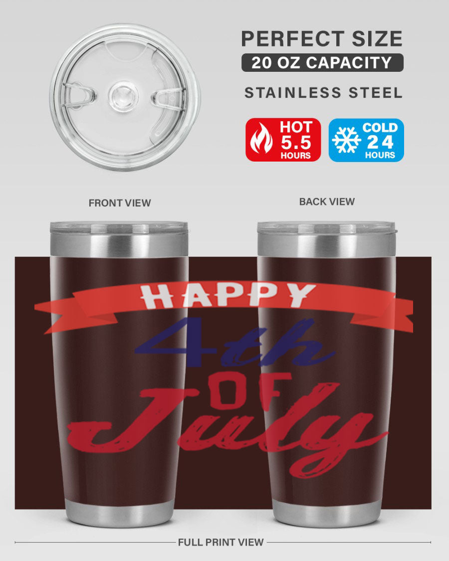 Happy 4th of July tumbler featuring a vibrant design, made from stainless steel with a double wall vacuum for insulation.
