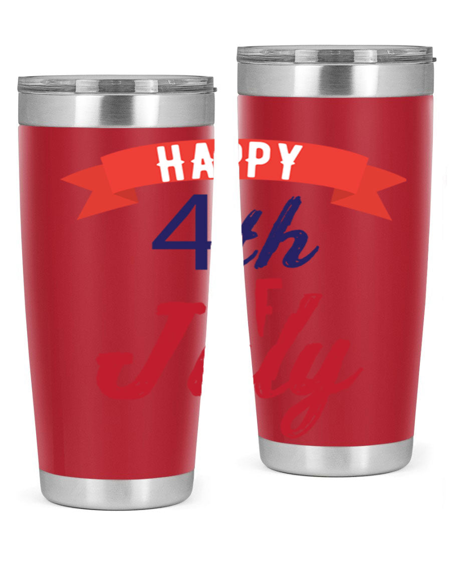 Happy 4th of July tumbler featuring a vibrant design, made from stainless steel with a double wall vacuum for insulation.