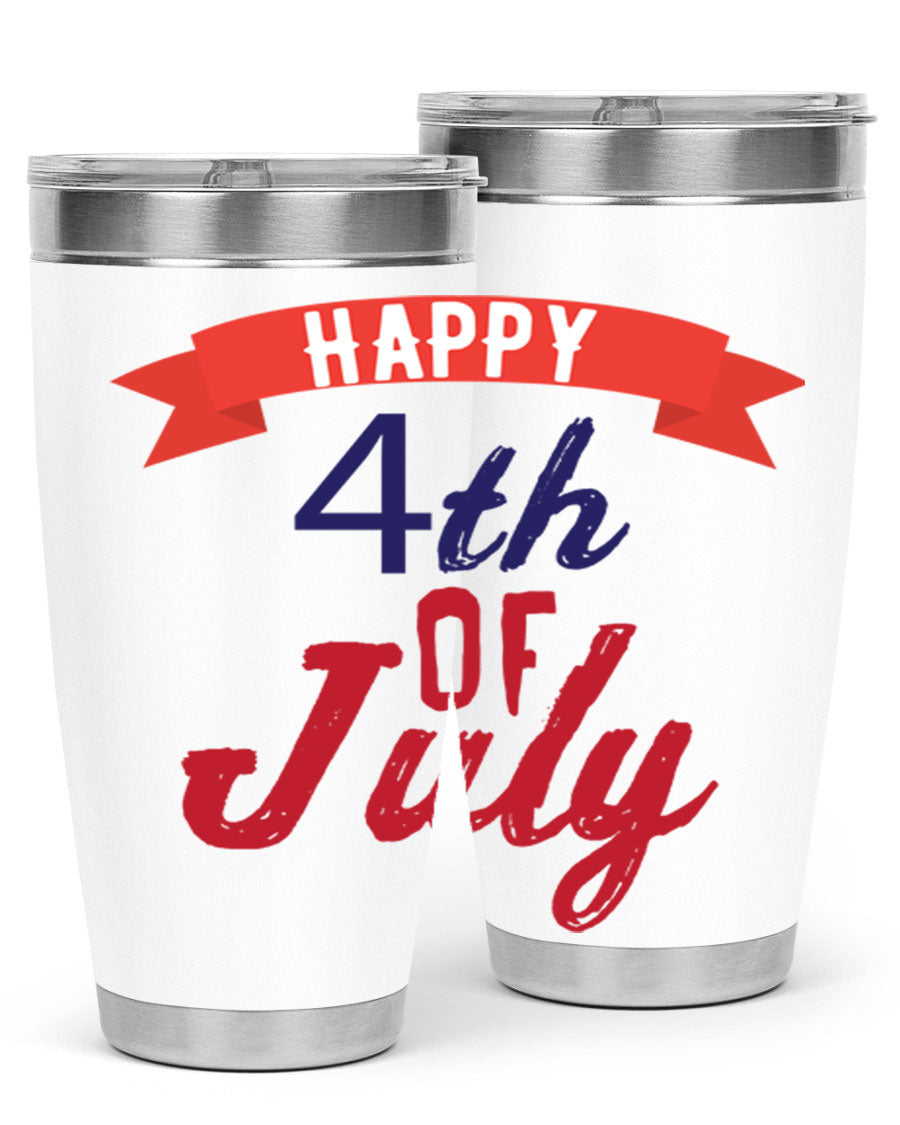 Happy 4th of July tumbler featuring a vibrant design, made from stainless steel with a double wall vacuum for insulation.
