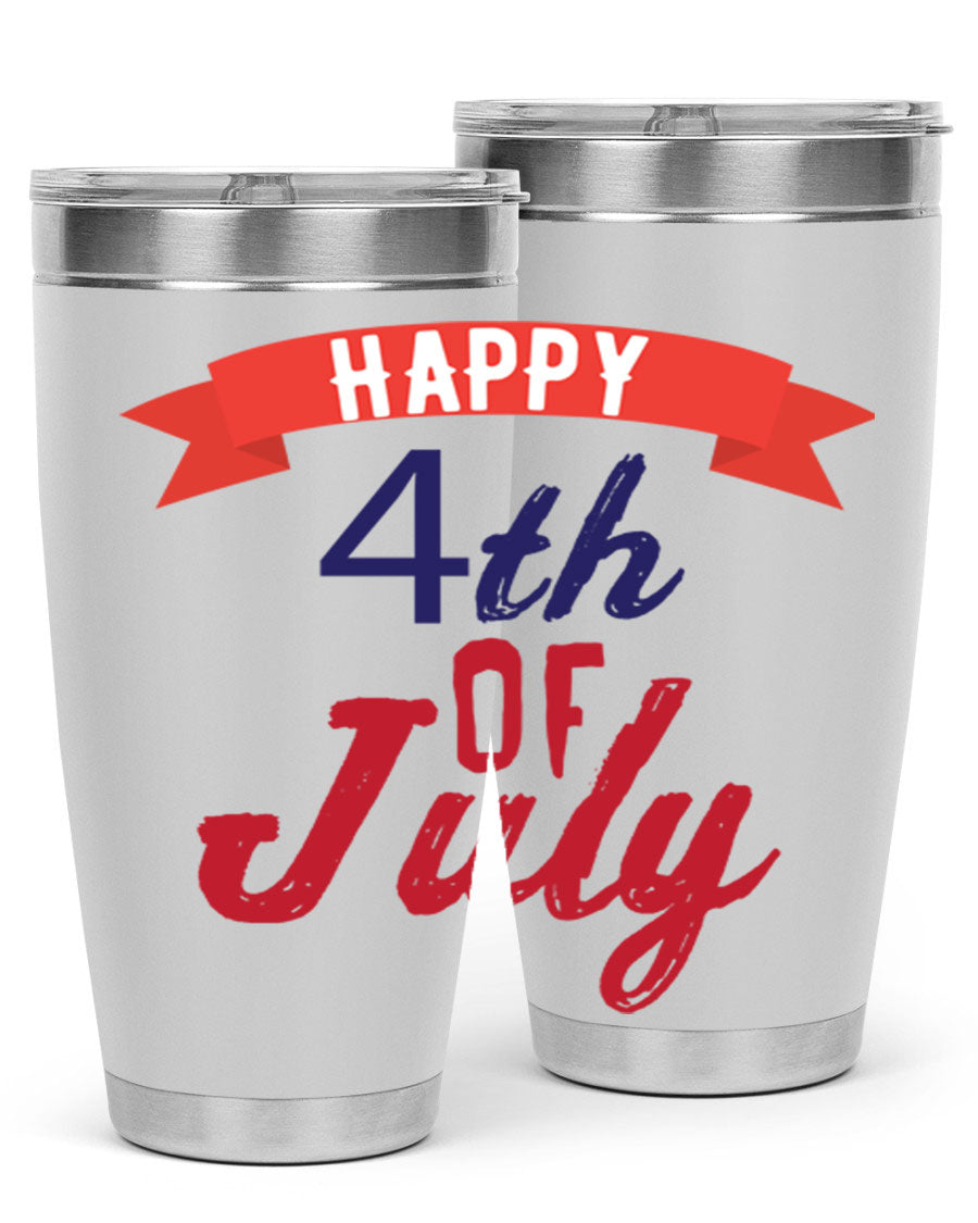 Happy 4th of July tumbler featuring a vibrant design, made from stainless steel with a double wall vacuum for insulation.