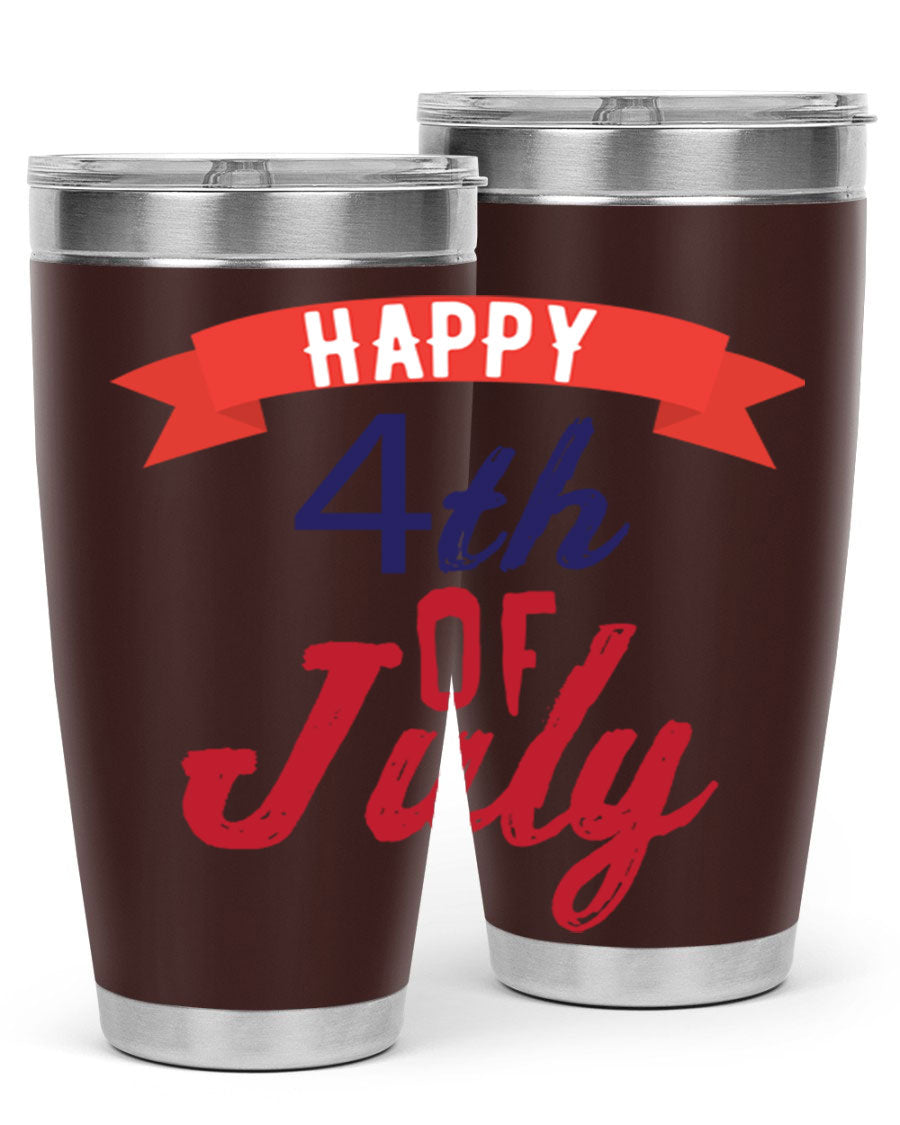 Happy 4th of July tumbler featuring a vibrant design, made from stainless steel with a double wall vacuum for insulation.