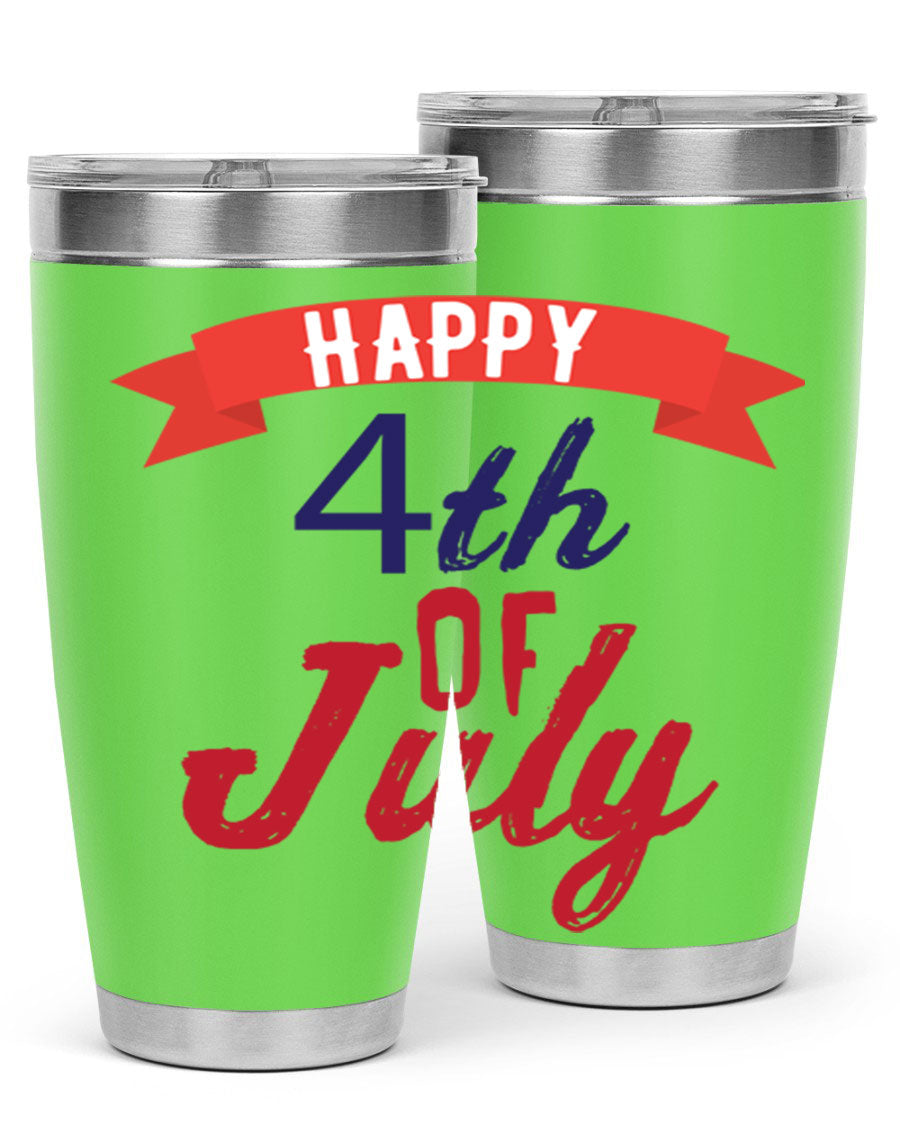 Happy 4th of July tumbler featuring a vibrant design, made from stainless steel with a double wall vacuum for insulation.