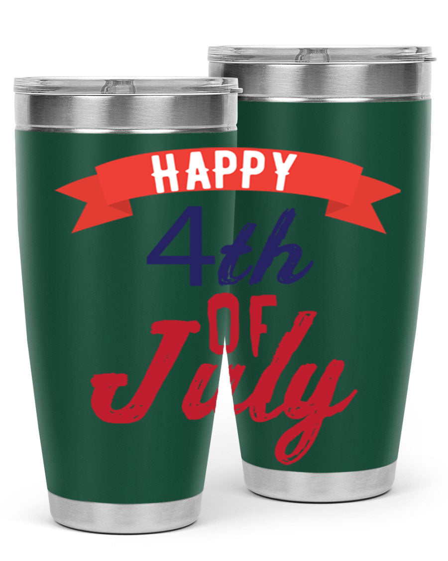 Happy 4th of July tumbler featuring a vibrant design, made from stainless steel with a double wall vacuum for insulation.