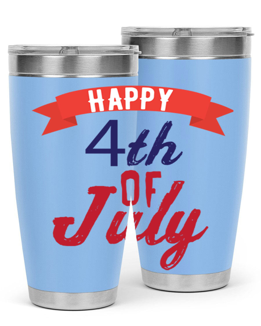 Happy 4th of July tumbler featuring a vibrant design, made from stainless steel with a double wall vacuum for insulation.