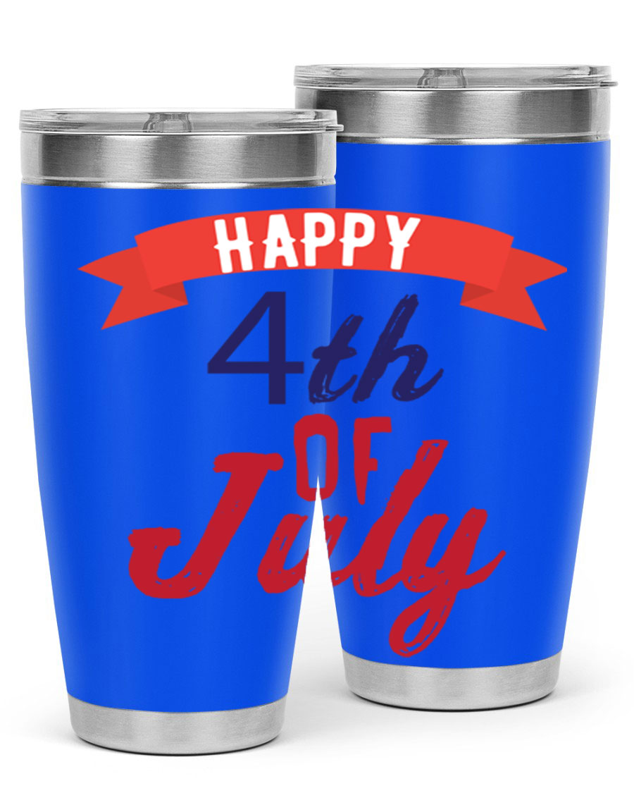Happy 4th of July tumbler featuring a vibrant design, made from stainless steel with a double wall vacuum for insulation.
