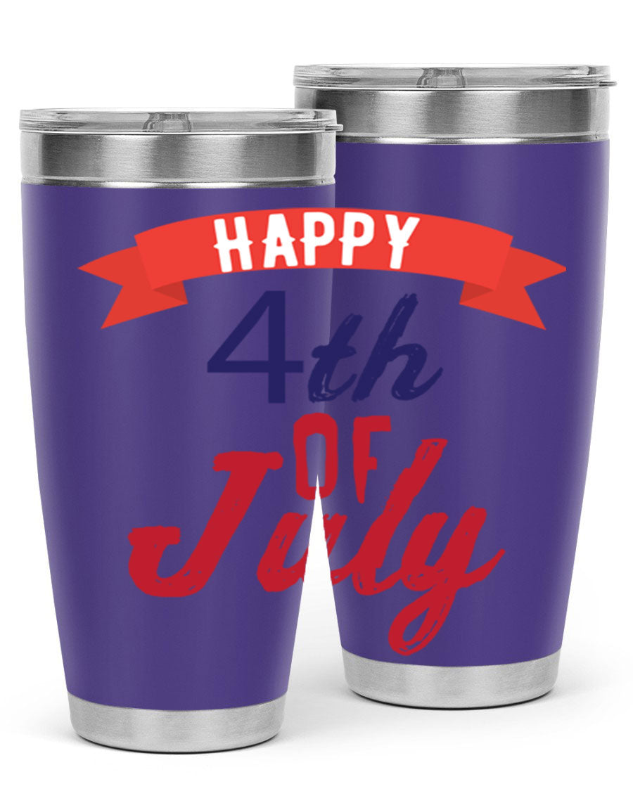 Happy 4th of July tumbler featuring a vibrant design, made from stainless steel with a double wall vacuum for insulation.