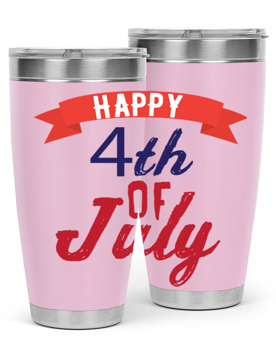 Happy 4th of July tumbler featuring a vibrant design, made from stainless steel with a double wall vacuum for insulation.