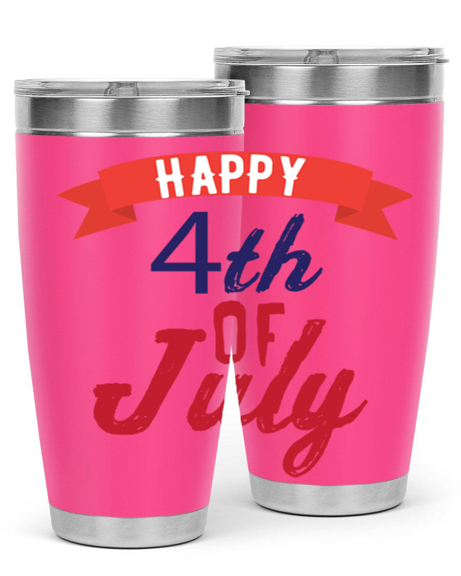 Happy 4th of July tumbler featuring a vibrant design, made from stainless steel with a double wall vacuum for insulation.
