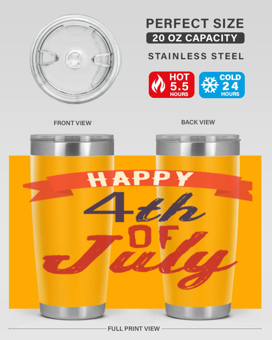 Happy 4th of July tumbler featuring a vibrant design, made from stainless steel with a double wall vacuum for insulation.