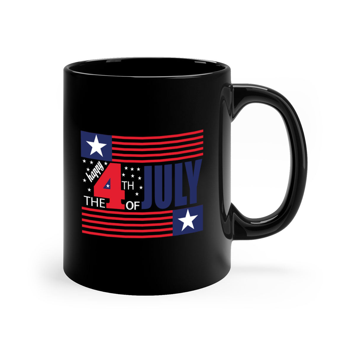 Happy 4th of July Mug with colorful handle and glossy finish, perfect for coffee or tea.