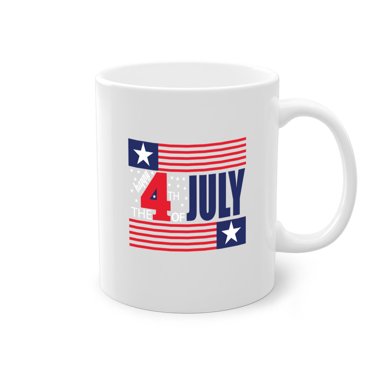 Happy 4th of July Mug with colorful handle and glossy finish, perfect for coffee or tea.