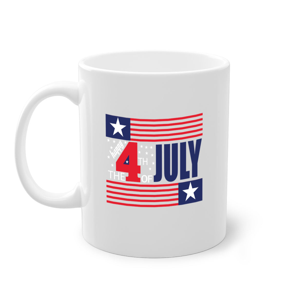 Happy 4th of July Mug with colorful handle and glossy finish, perfect for coffee or tea.