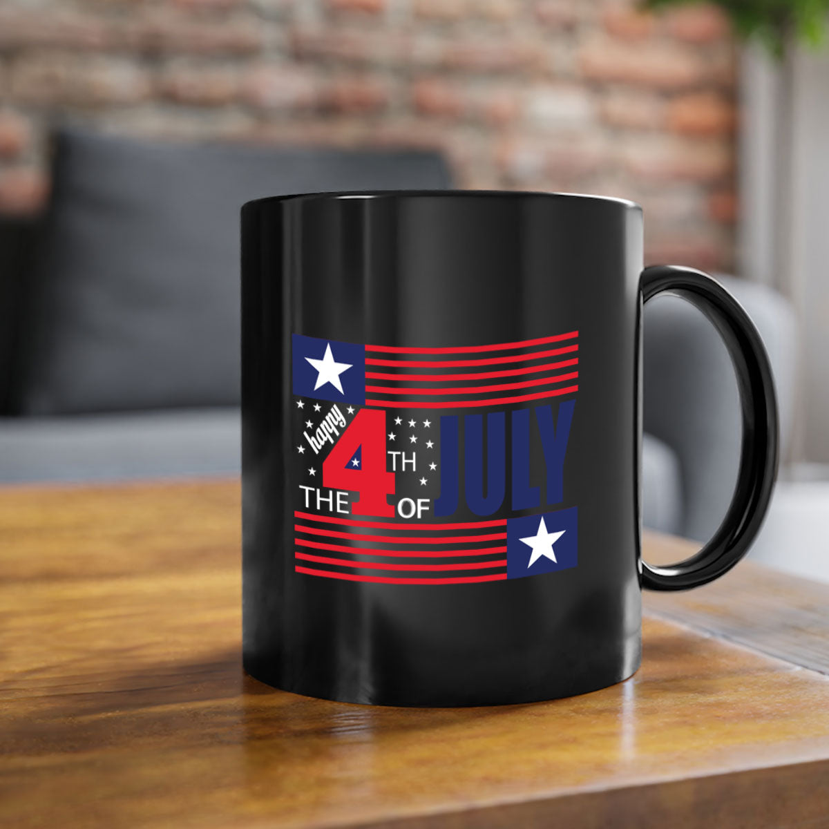 Happy 4th of July Mug with colorful handle and glossy finish, perfect for coffee or tea.