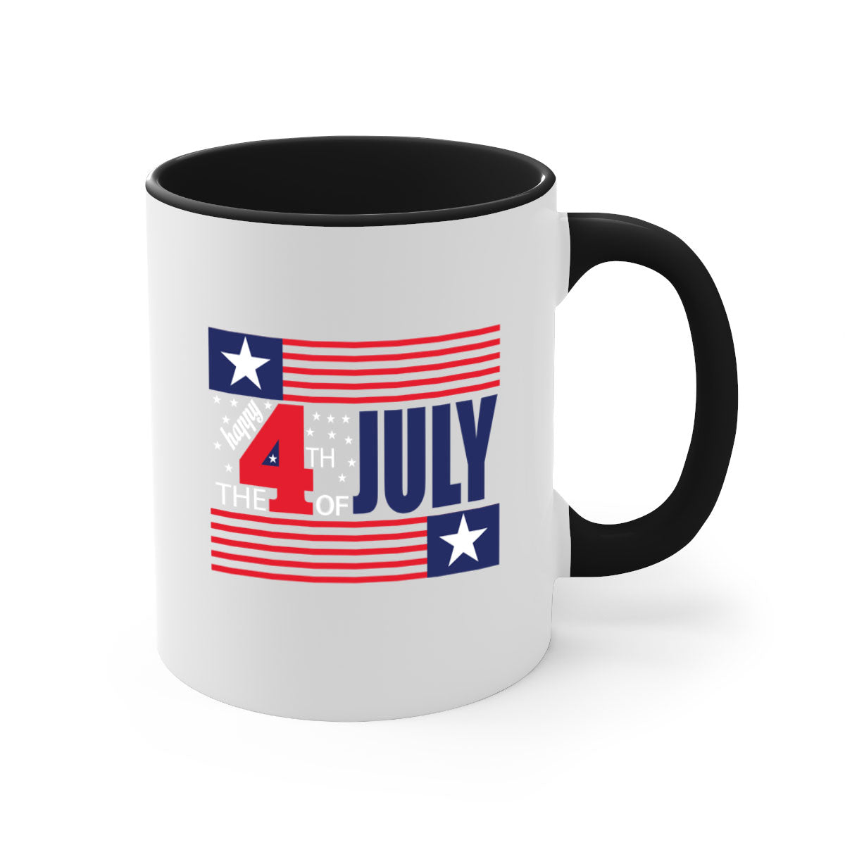 Happy 4th of July Mug with colorful handle and glossy finish, perfect for coffee or tea.