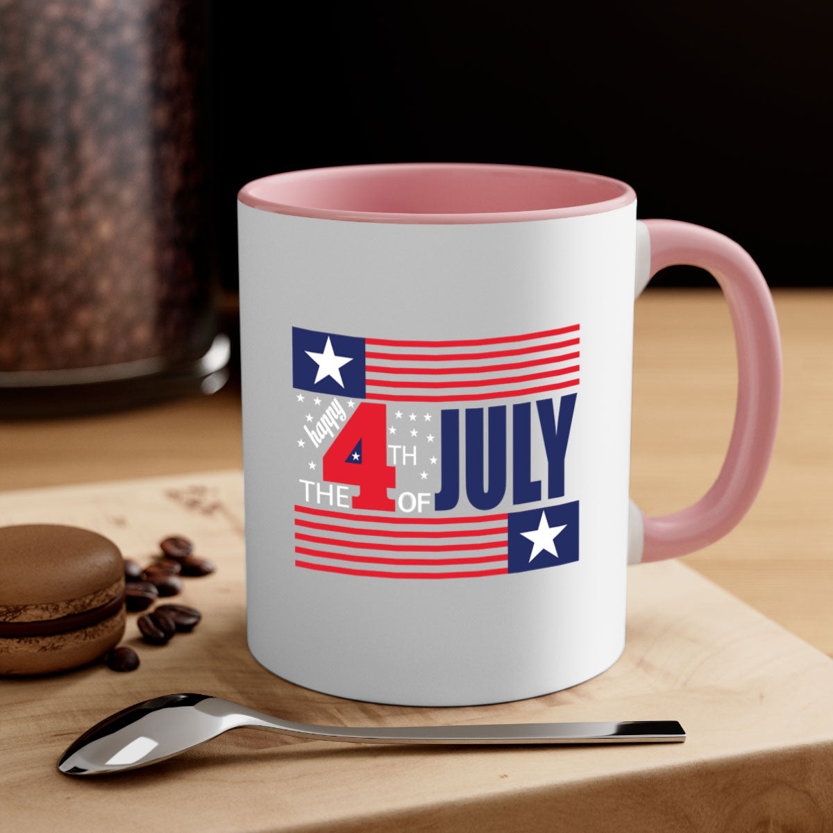 Happy 4th of July Mug with colorful handle and glossy finish, perfect for coffee or tea.