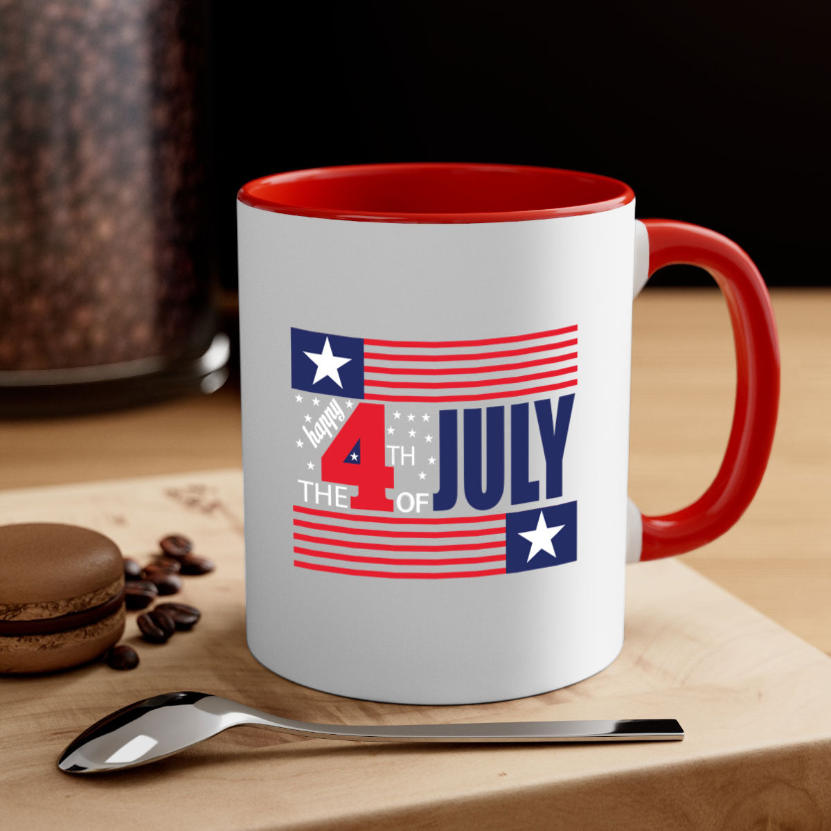 Happy 4th of July Mug with colorful handle and glossy finish, perfect for coffee or tea.