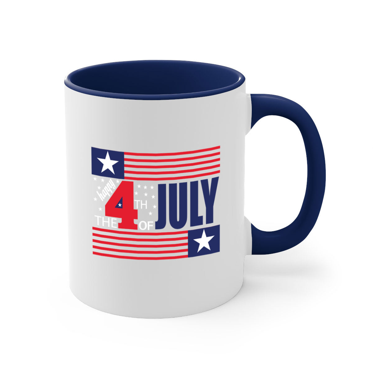 Happy 4th of July Mug with colorful handle and glossy finish, perfect for coffee or tea.