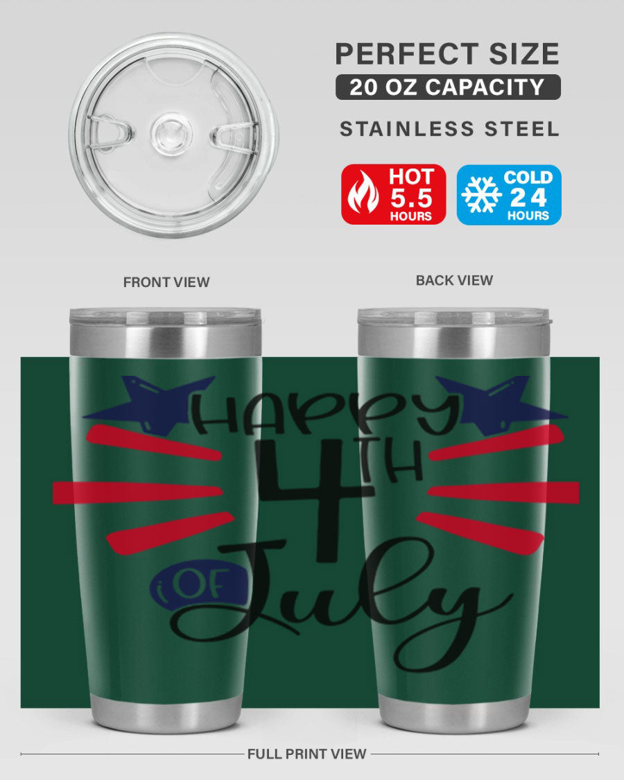 Happy 4th of July tumbler featuring a vibrant design, double wall vacuum stainless steel construction, and a convenient drink-thru lid.