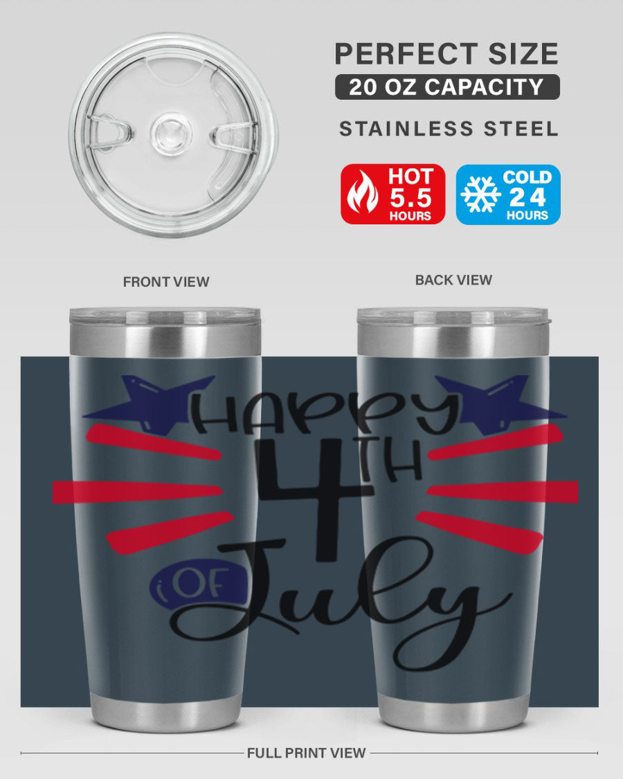 Happy 4th of July tumbler featuring a vibrant design, double wall vacuum stainless steel construction, and a convenient drink-thru lid.