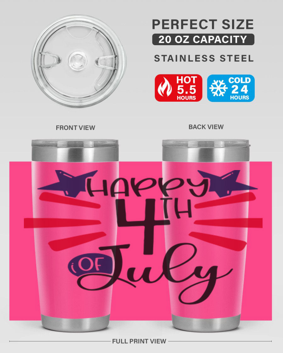 Happy 4th of July tumbler featuring a vibrant design, double wall vacuum stainless steel construction, and a convenient drink-thru lid.