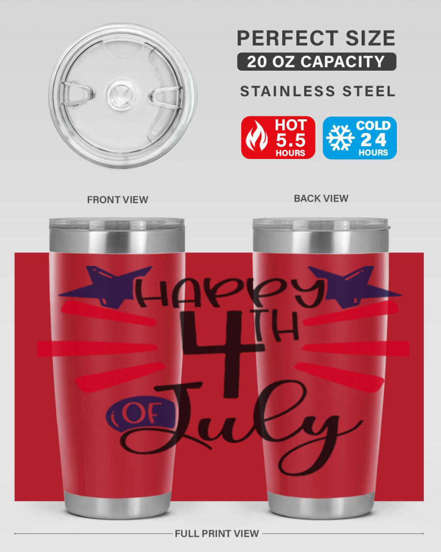 Happy 4th of July tumbler featuring a vibrant design, double wall vacuum stainless steel construction, and a convenient drink-thru lid.