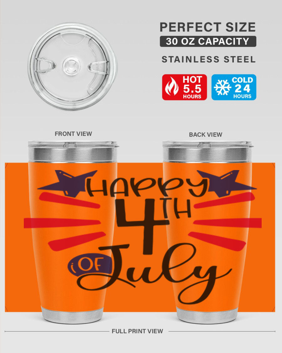 Happy 4th of July tumbler featuring a vibrant design, double wall vacuum stainless steel construction, and a convenient drink-thru lid.