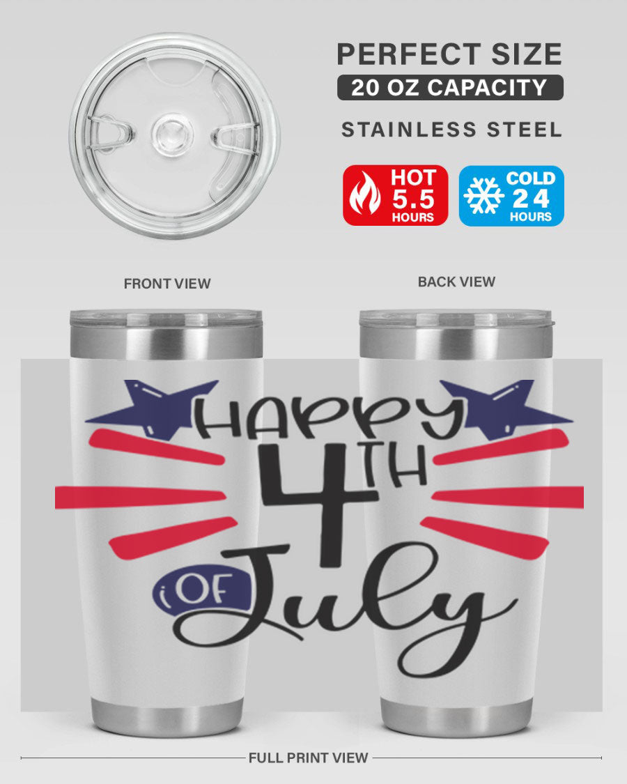 Happy 4th of July tumbler featuring a vibrant design, double wall vacuum stainless steel construction, and a convenient drink-thru lid.