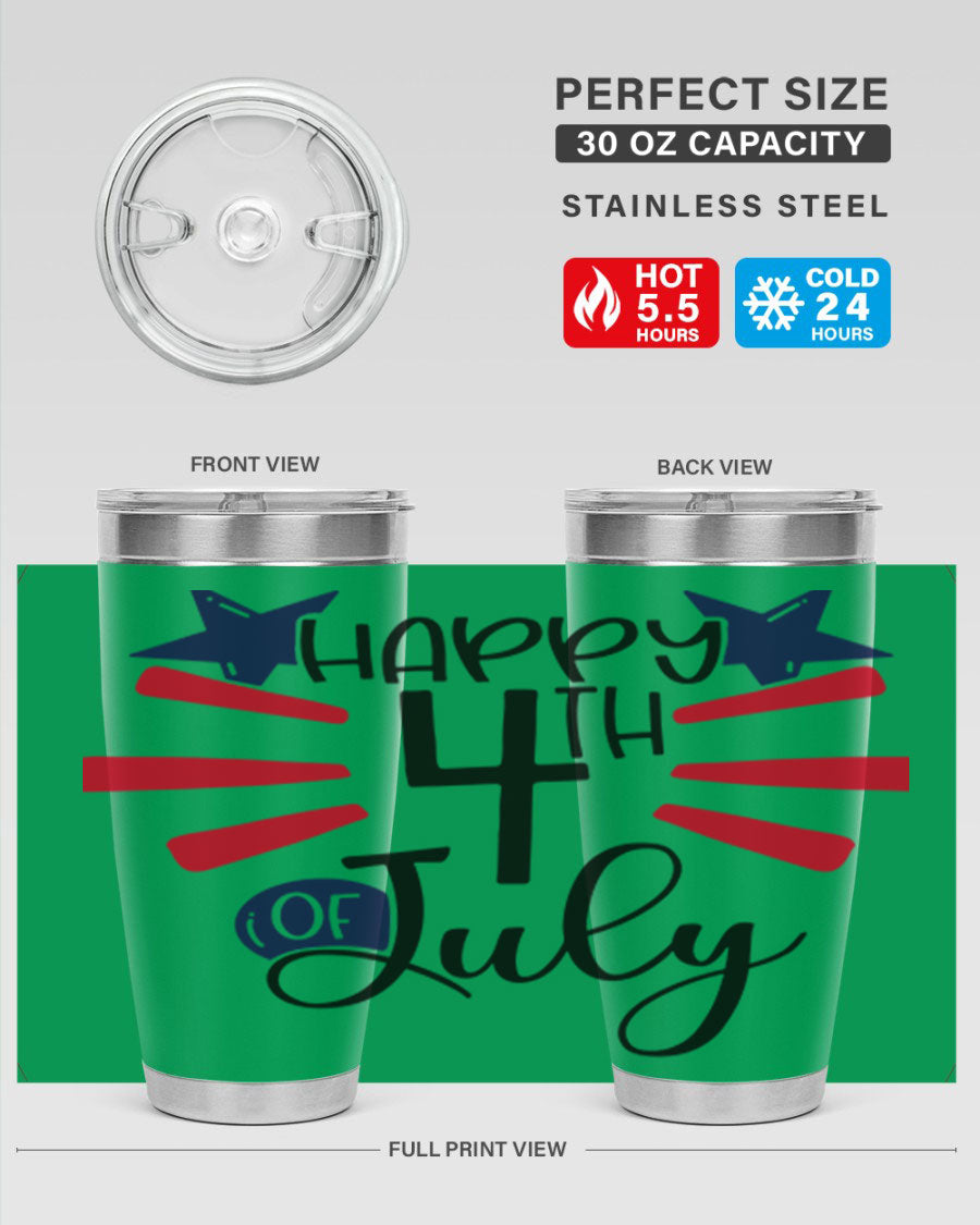 Happy 4th of July tumbler featuring a vibrant design, double wall vacuum stainless steel construction, and a convenient drink-thru lid.