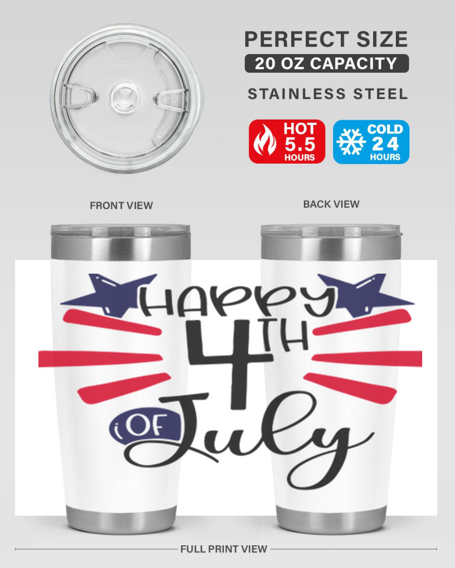 Happy 4th of July tumbler featuring a vibrant design, double wall vacuum stainless steel construction, and a convenient drink-thru lid.