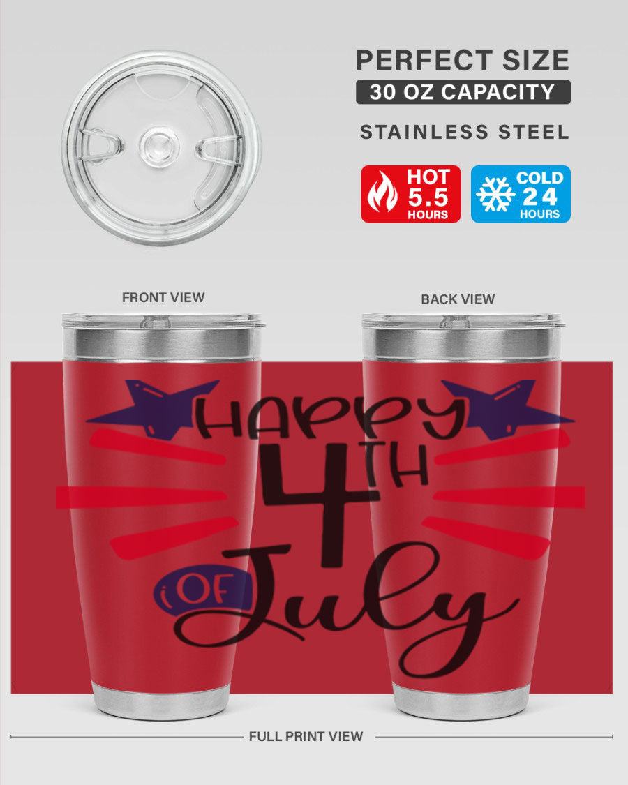Happy 4th of July tumbler featuring a vibrant design, double wall vacuum stainless steel construction, and a convenient drink-thru lid.