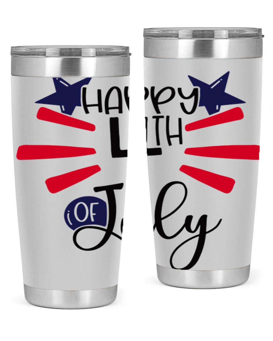Happy 4th of July tumbler featuring a vibrant design, double wall vacuum stainless steel construction, and a convenient drink-thru lid.