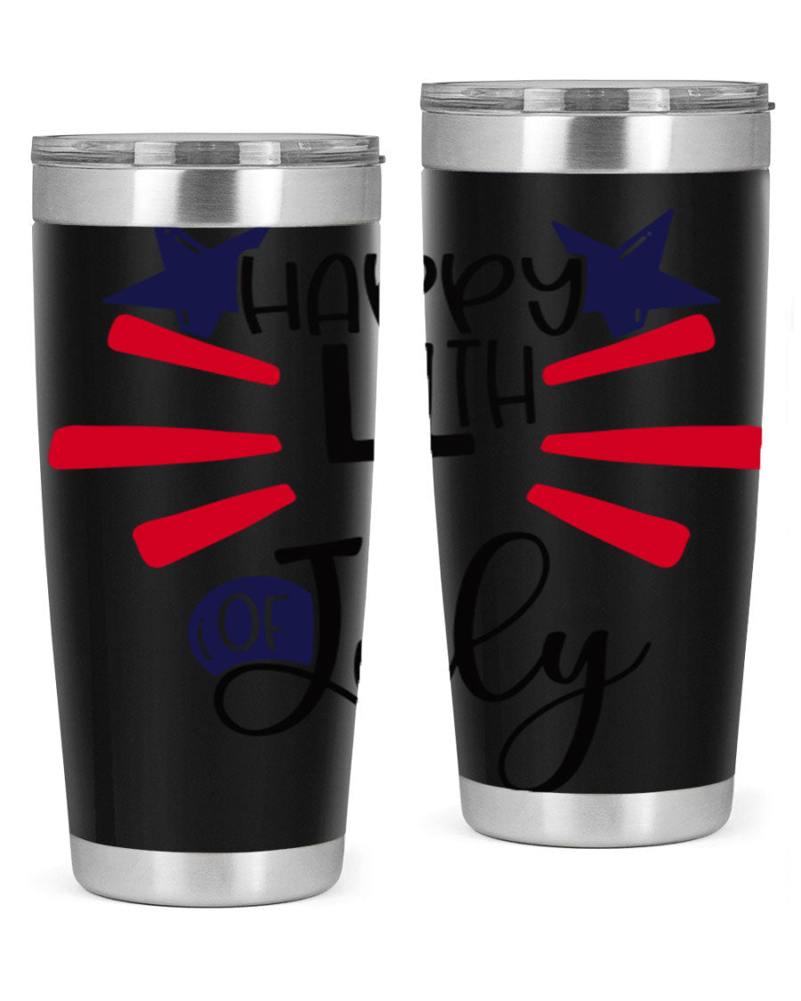 Happy 4th of July tumbler featuring a vibrant design, double wall vacuum stainless steel construction, and a convenient drink-thru lid.
