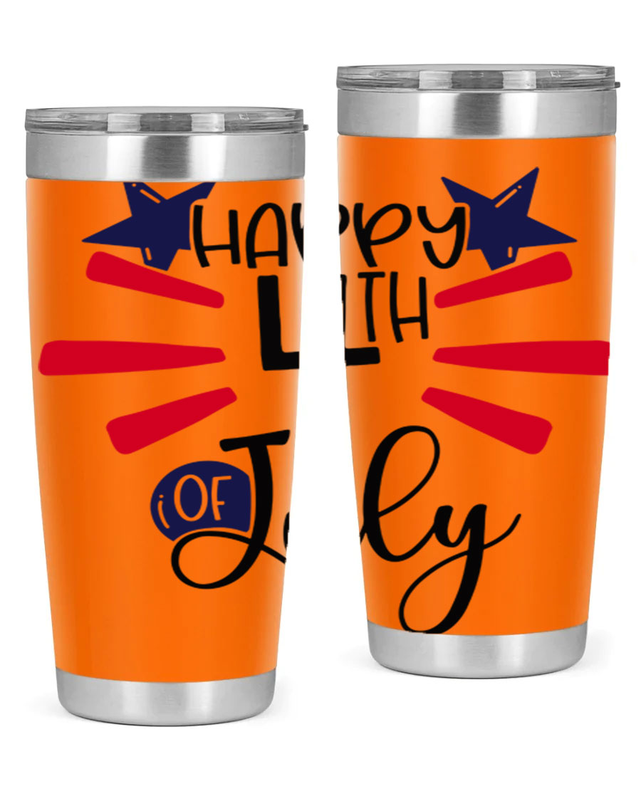 Happy 4th of July tumbler featuring a vibrant design, double wall vacuum stainless steel construction, and a convenient drink-thru lid.