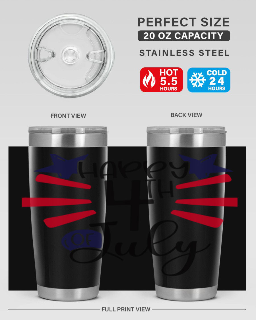 Happy 4th of July tumbler featuring a vibrant design, double wall vacuum stainless steel construction, and a convenient drink-thru lid.