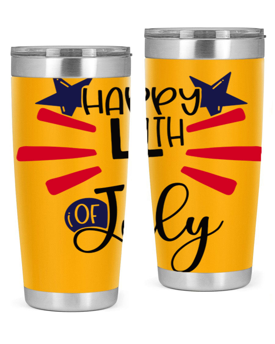 Happy 4th of July tumbler featuring a vibrant design, double wall vacuum stainless steel construction, and a convenient drink-thru lid.