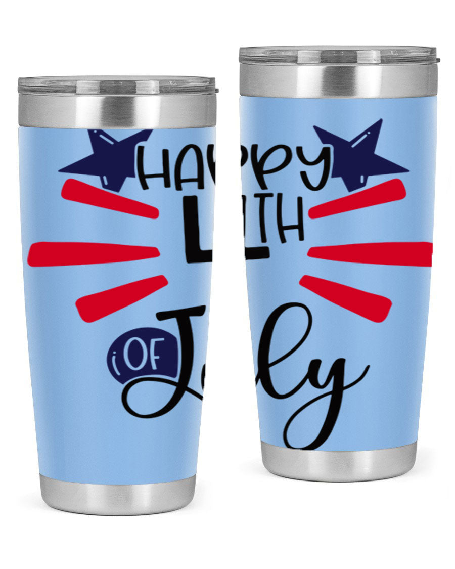 Happy 4th of July tumbler featuring a vibrant design, double wall vacuum stainless steel construction, and a convenient drink-thru lid.