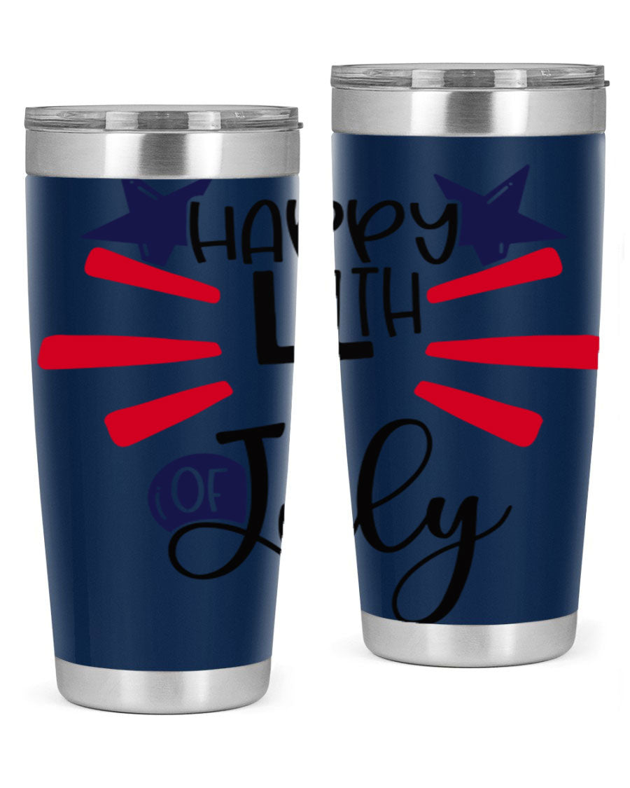 Happy 4th of July tumbler featuring a vibrant design, double wall vacuum stainless steel construction, and a convenient drink-thru lid.