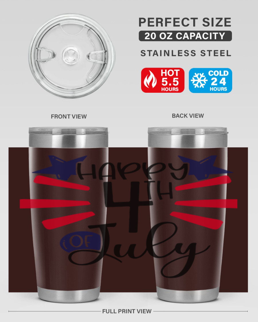 Happy 4th of July tumbler featuring a vibrant design, double wall vacuum stainless steel construction, and a convenient drink-thru lid.