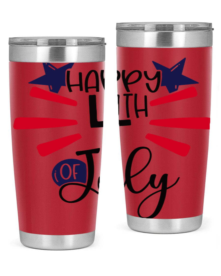 Happy 4th of July tumbler featuring a vibrant design, double wall vacuum stainless steel construction, and a convenient drink-thru lid.